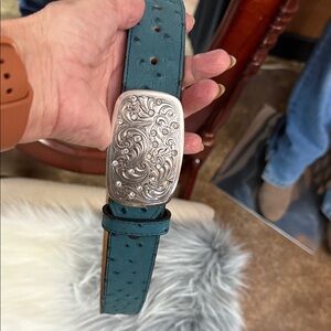 Texas Leather Full Ostrich Teal Leather Belt with Silver Buckle 34”.